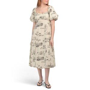 TULIP Black Cream Linen Blend Puff Sleeve Printed Midi Dress